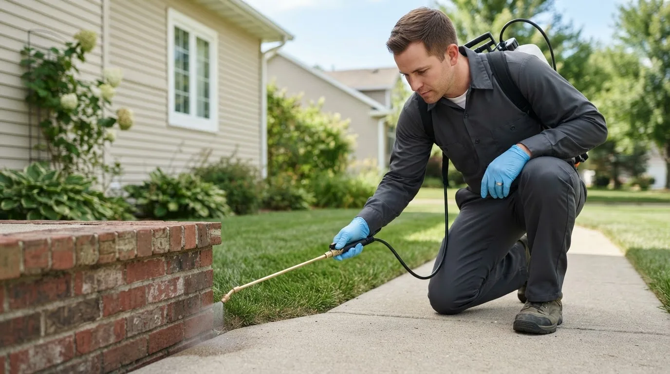 Pest control technician treating a home near Haverhill, MA